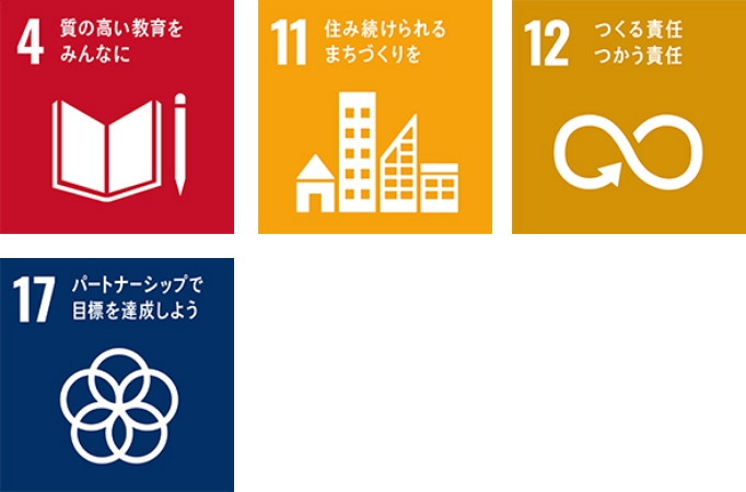 4.質の高い教育をみんなに、11.住み続けられるまちづくりを、12.つくる責任、つかう責任、17.パートナーシップで目標を達成しようの画像